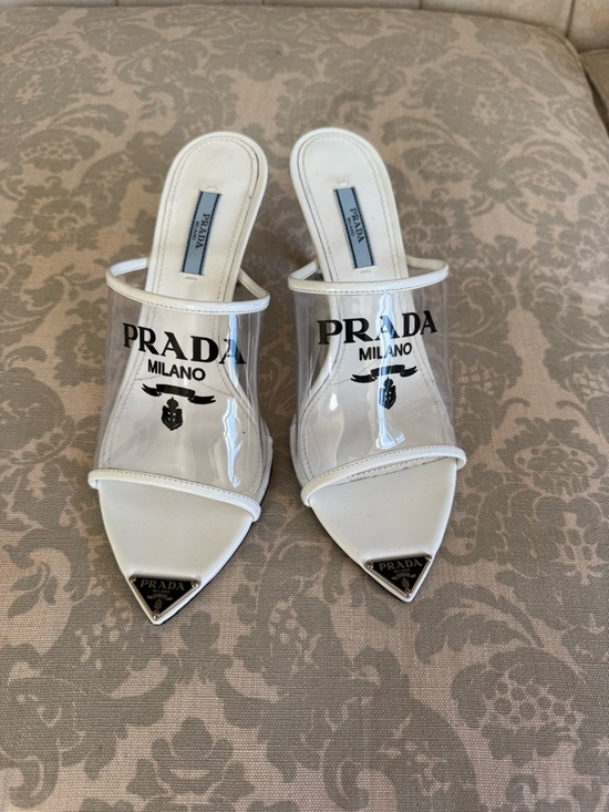 Prada Shoes - Prada White Clear Logo PVC Pointed Toe Slide Mules